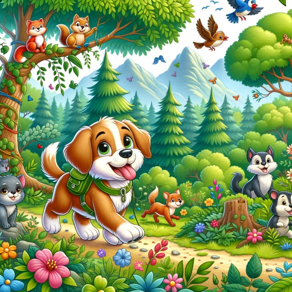 Une illustration destinée aux enfants représentant un adorable chien aventurier, accompagné de ses amis animaux, explorant une forêt luxuriante remplie d'arbres majestueux, de fleurs colorées et de petits animaux curieux.