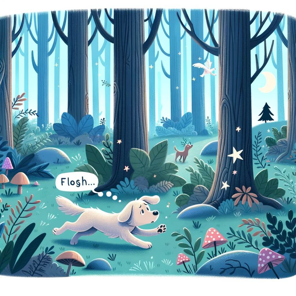 Une illustration pour enfants représentant un chien perdu dans une forêt enchantée, cherchant désespérément son chemin pour rentrer chez lui.