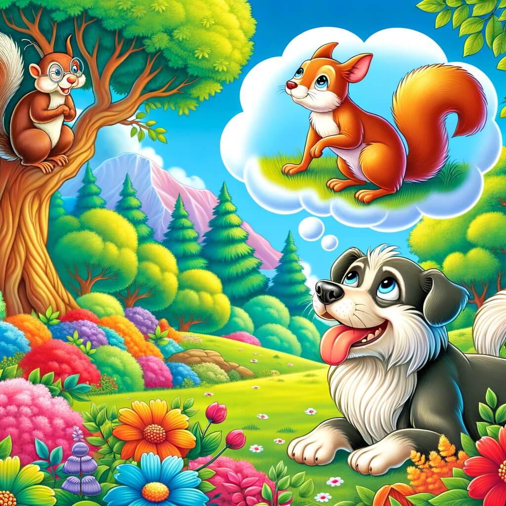Une illustration destinée aux enfants représentant un chien plein de vie qui rêve de liberté, accompagné d'un sage vieil écureuil, dans un parc verdoyant aux arbres majestueux et aux fleurs colorées.