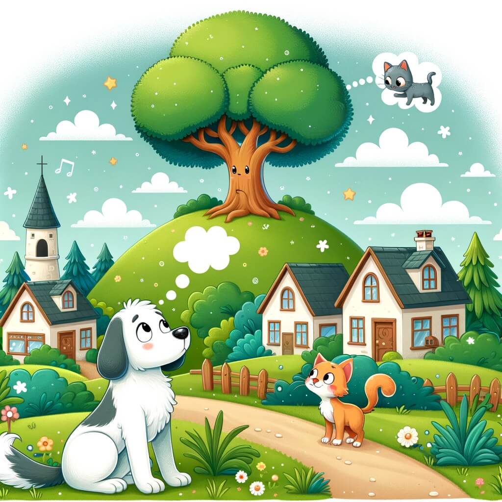 Une illustration destinée aux enfants représentant un chien rêveur dans un village pittoresque, accompagné d'un chat curieux, se tenant devant un majestueux arbre perché au sommet d'une montagne verdoyante.