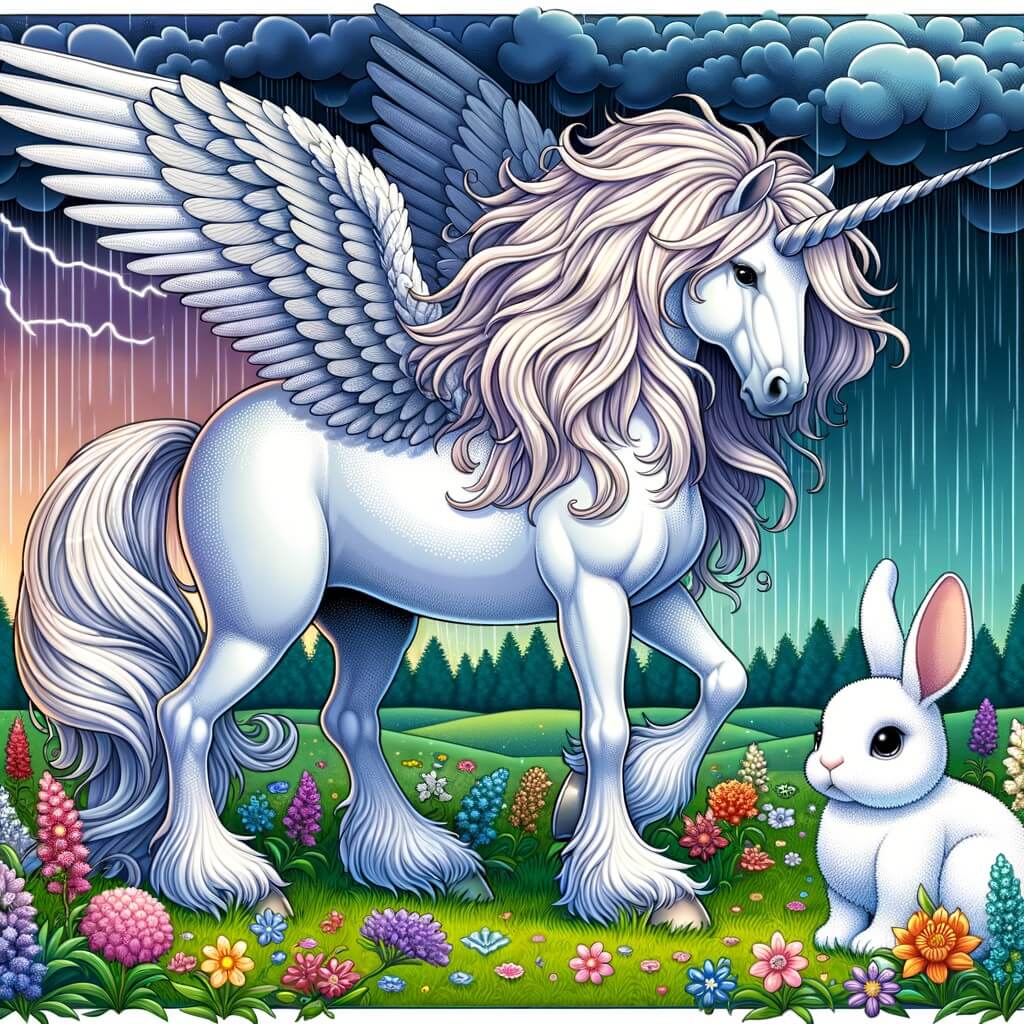 Une illustration destinée aux enfants représentant un majestueux équidé blanc, doté d'une crinière soyeuse et d'ailes délicates, faisant face à une tempête menaçante, accompagné d'un petit lapin au pelage doux et aux yeux brillants, dans une prairie verdoyante parsemée de fleurs multicolores.