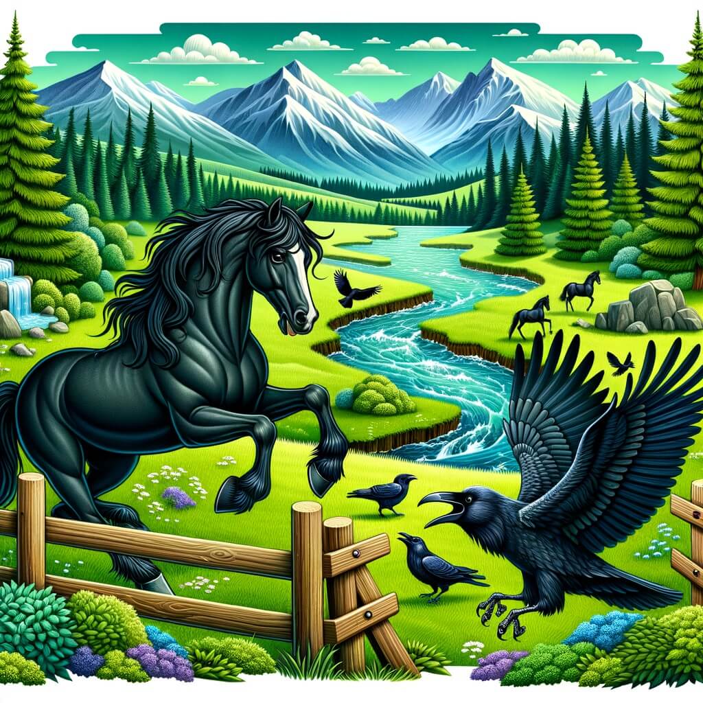 Une illustration pour enfants représentant un magnifique cheval noir, rêvant de liberté, dans une prairie verdoyante.