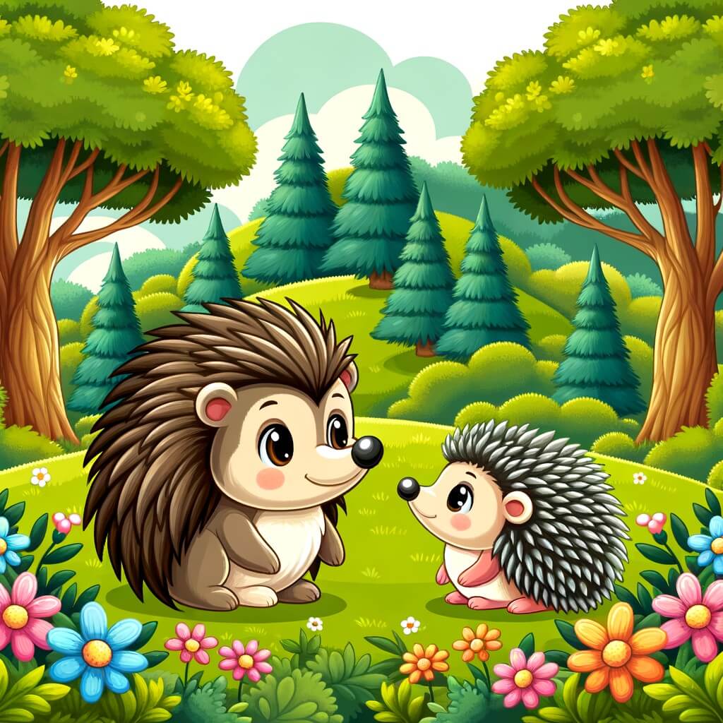 Une illustration pour enfants représentant un petit hérisson avec une pointe de piquants sur le nez qui doit faire face aux moqueries des autres animaux de la forêt, dans une forêt dense et verdoyante.