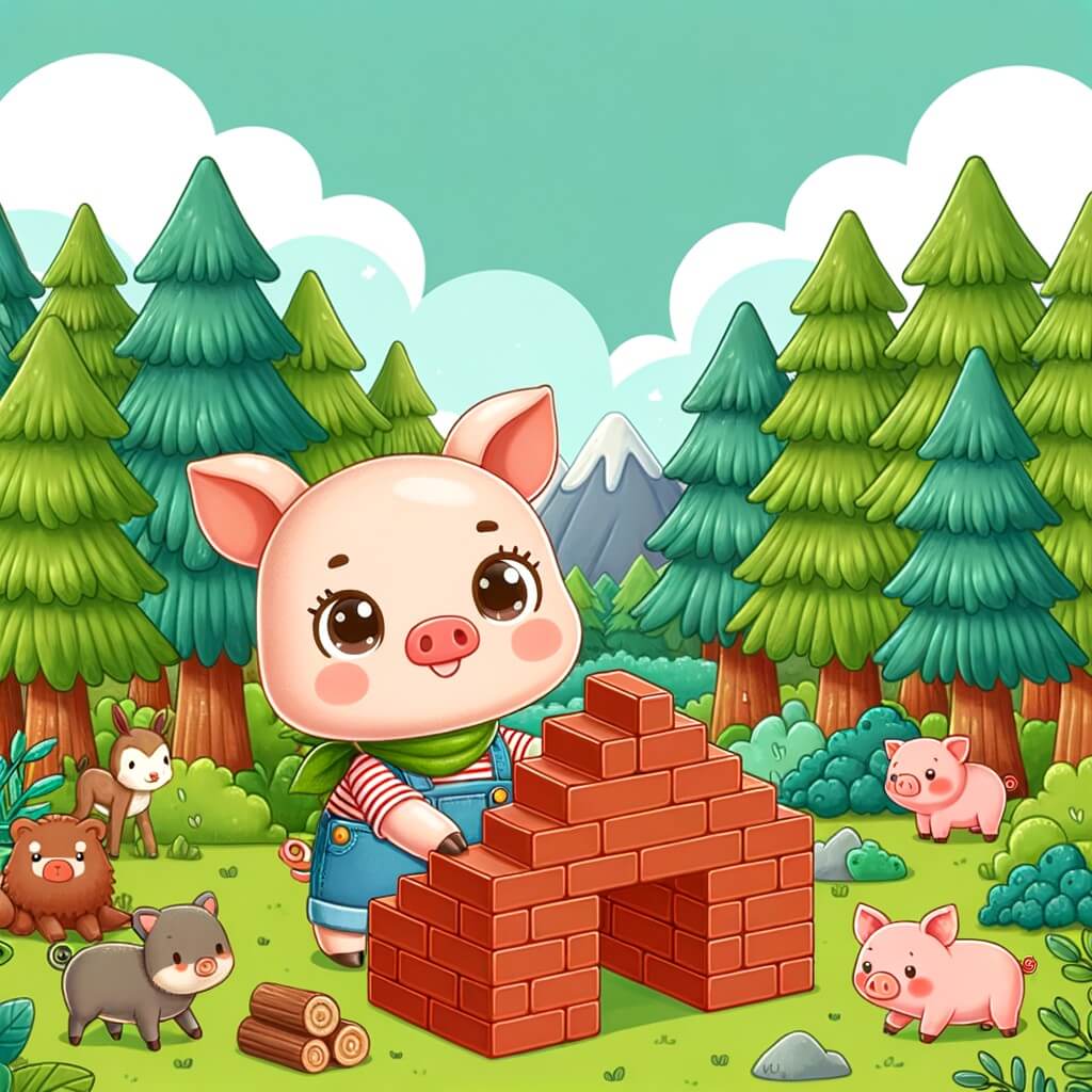 Une illustration pour enfants représentant un petit cochon courageux qui construit sa propre maison en bois dans la forêt et doit faire face à un grand loup gris qui veut la détruire.