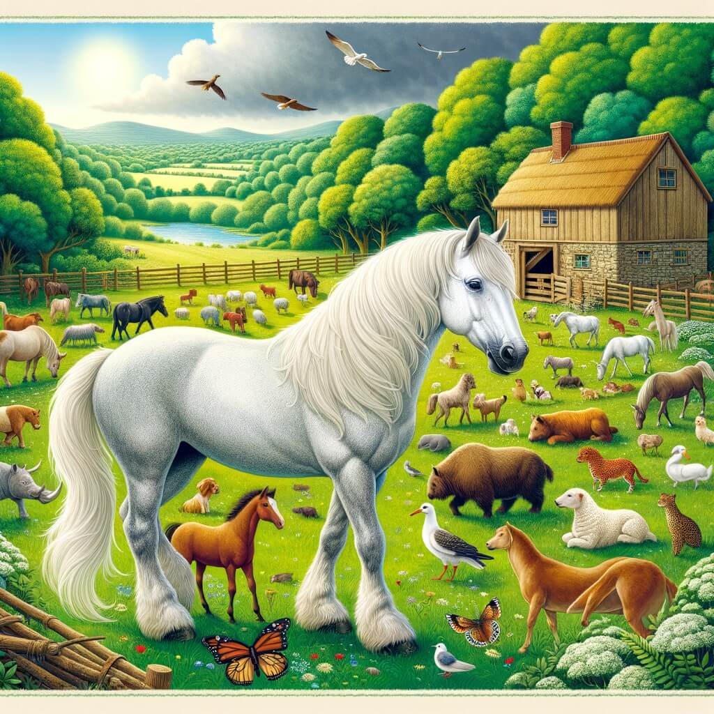 Une illustration destinée aux enfants représentant un majestueux cheval blanc, entouré de plusieurs animaux, dans une ferme pittoresque au milieu de vastes prairies verdoyantes, où règne une ambiance chaleureuse et paisible.