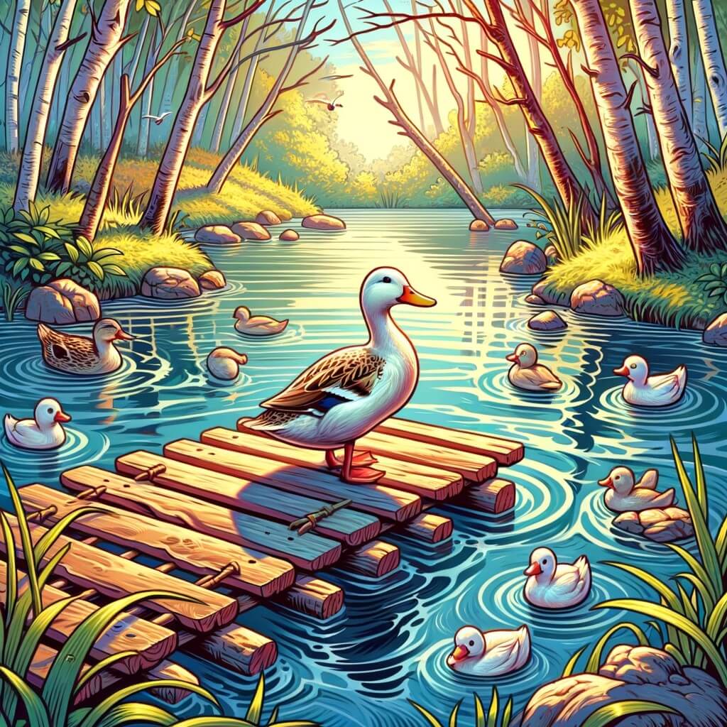 Une illustration pour enfants représentant un charmant canard se retrouvant dans une situation périlleuse, au beau milieu d'un étang paisible.