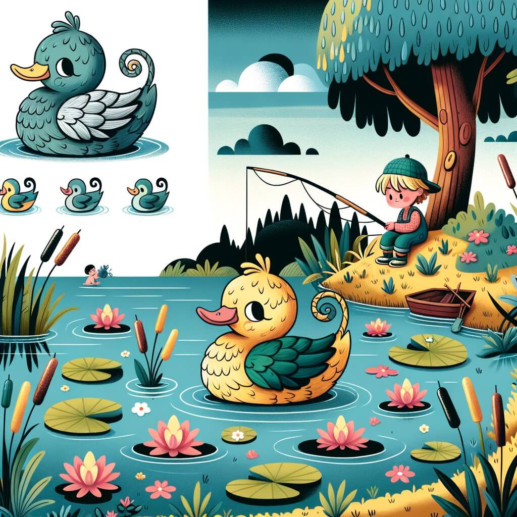 Une illustration destinée aux enfants représentant un petit canard différent des autres, avec une aile tordue, qui se trouve dans un étang entouré de nénuphars et de roseaux, et qui rencontre un petit garçon triste pêchant sur la berge.