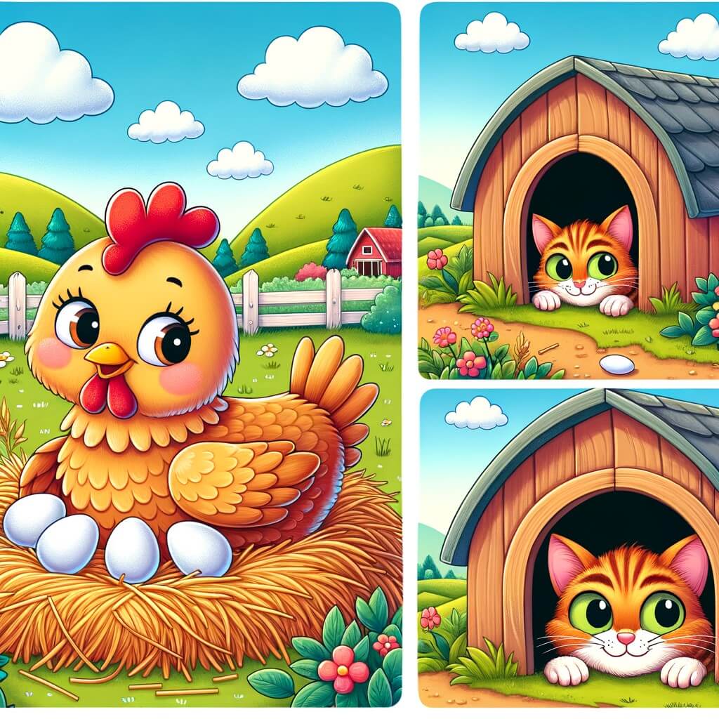 Une illustration destinée aux enfants représentant une jolie poule curieuse et naïve, se reposant sur un tas de foin douillet dans un magnifique poulailler entouré de verdoyantes collines, tandis qu'un rusé chat sournois se faufile à l'intérieur pour voler les œufs.