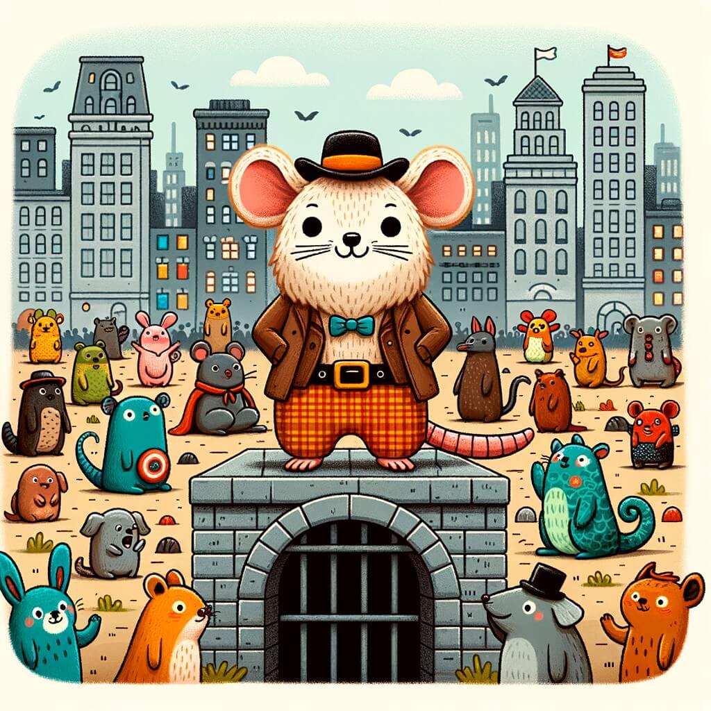 Une illustration pour enfants représentant un petit rat malin, qui vit dans les égouts de la ville, et qui décide de participer à un concours de déguisement pour montrer à tous l'importance de la lecture et de l'apprentissage.