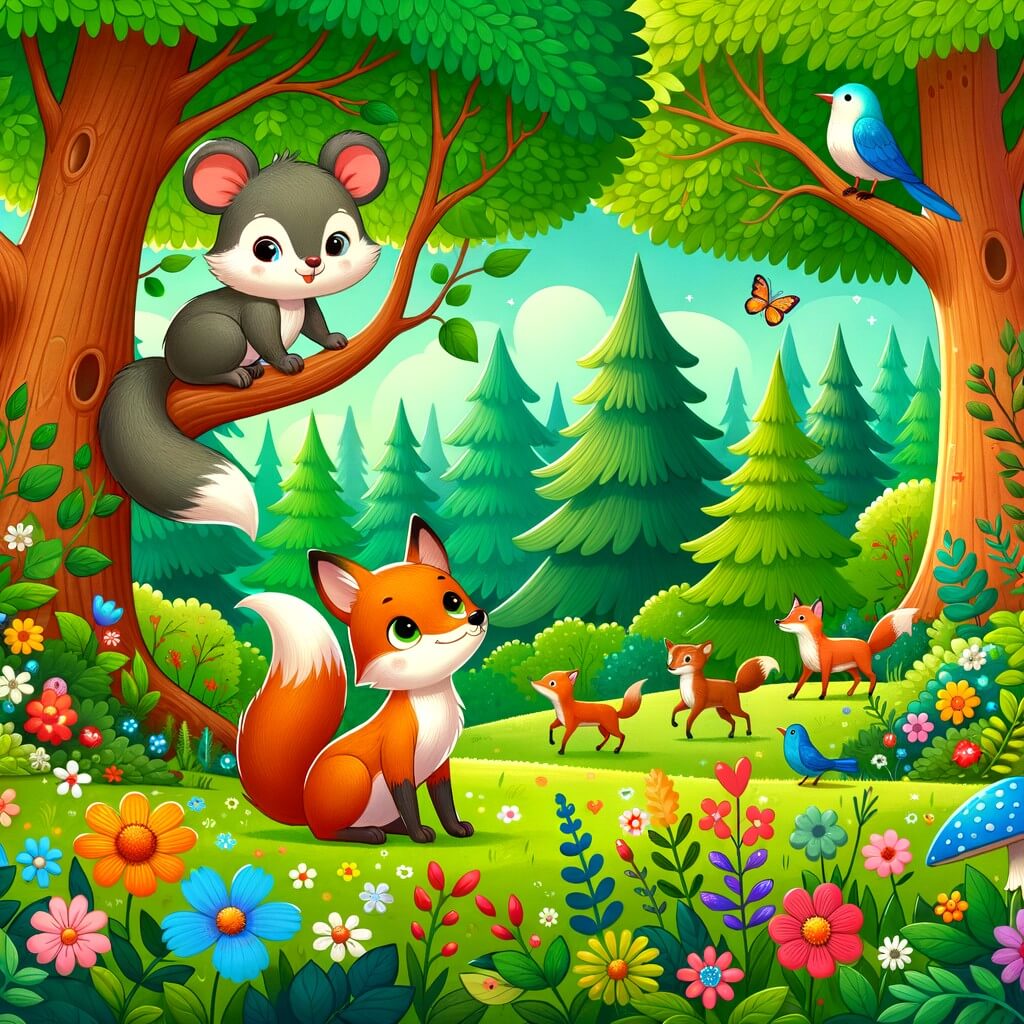 Une illustration destinée aux enfants représentant un petit rongeur rusé, accompagné d'un ami renard, dans une forêt enchantée remplie d'arbres majestueux, de fleurs colorées et d'animaux joyeux.