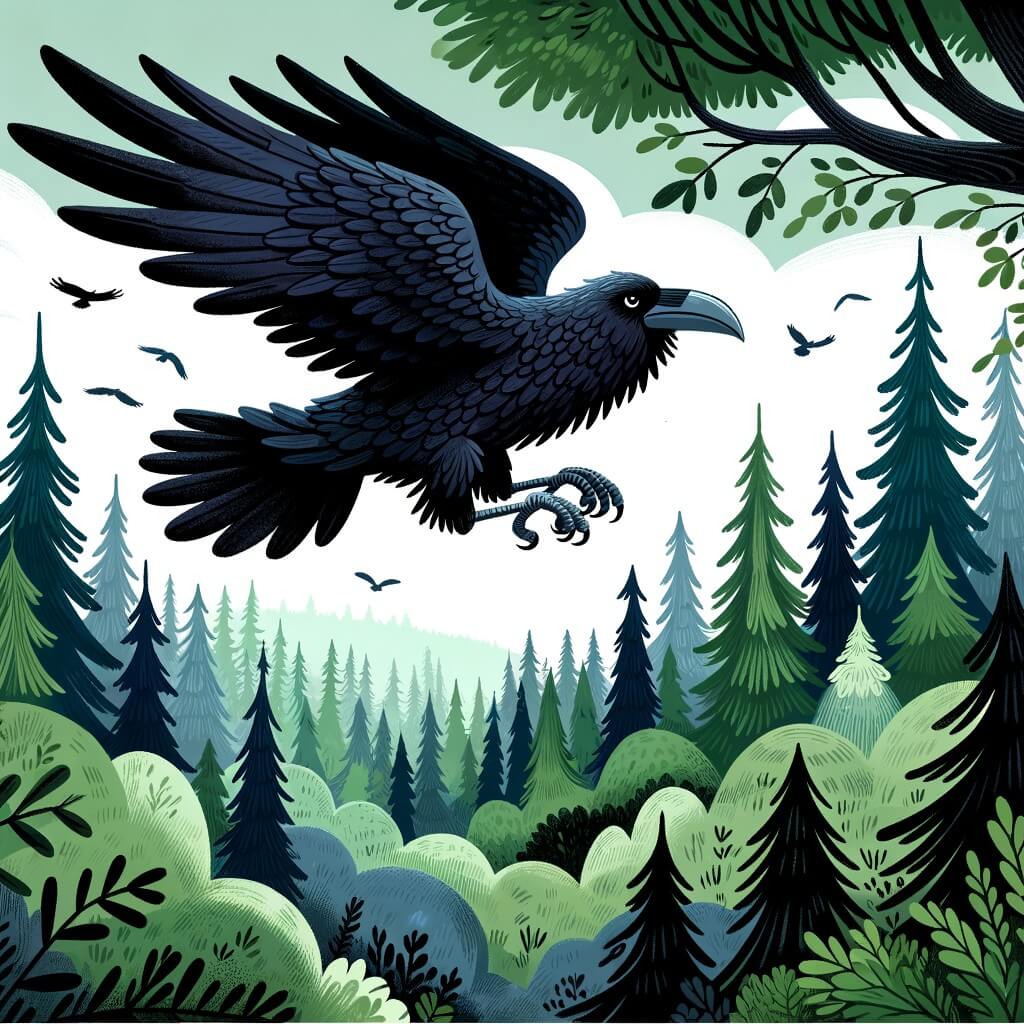 Une illustration pour enfants représentant un corbeau majestueux volant au-dessus d'une forêt dense, prêt à aider un ami dans le besoin.