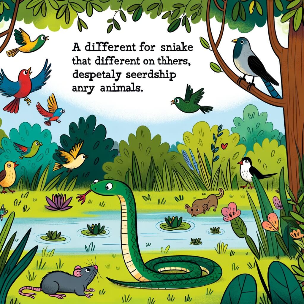 Une illustration destinée aux enfants représentant un serpent curieux et différent des autres, cherchant désespérément l'amitié dans un marais luxuriant peuplé de grenouilles sautillantes, d'oiseaux colorés et de rats espiègles.