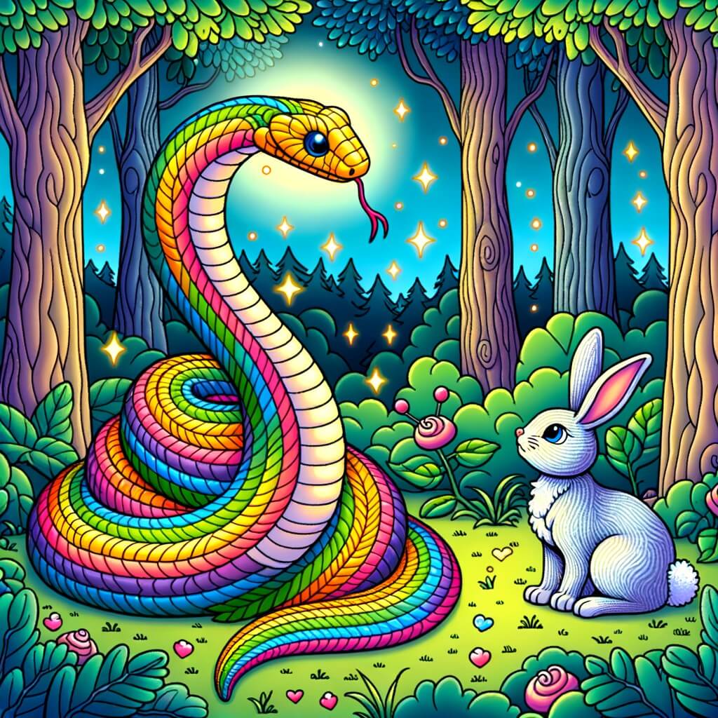 Une illustration destinée aux enfants représentant un serpent rayé aux couleurs chatoyantes qui se sent seul et rejeté par les autres serpents dans une forêt enchantée, jusqu'à ce qu'il rencontre un lapin amical et sage qui devient son ami.