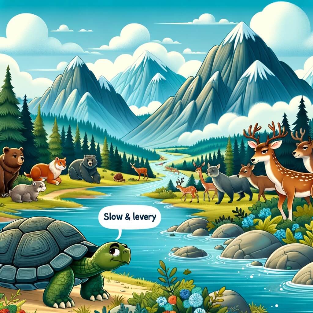 Une illustration pour enfants représentant une tortue lente et astucieuse qui veut voyager, traversant un lac pour atteindre une grande colline offrant un magnifique paysage.