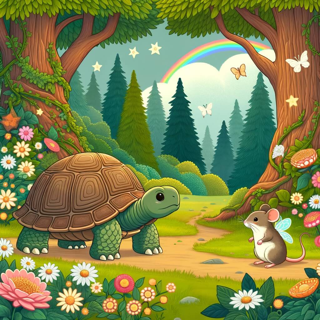 Une illustration destinée aux enfants représentant une tortue timide, cachée dans sa carapace, qui rencontre une souris curieuse dans une forêt enchantée remplie de fleurs colorées et d'arbres majestueux.