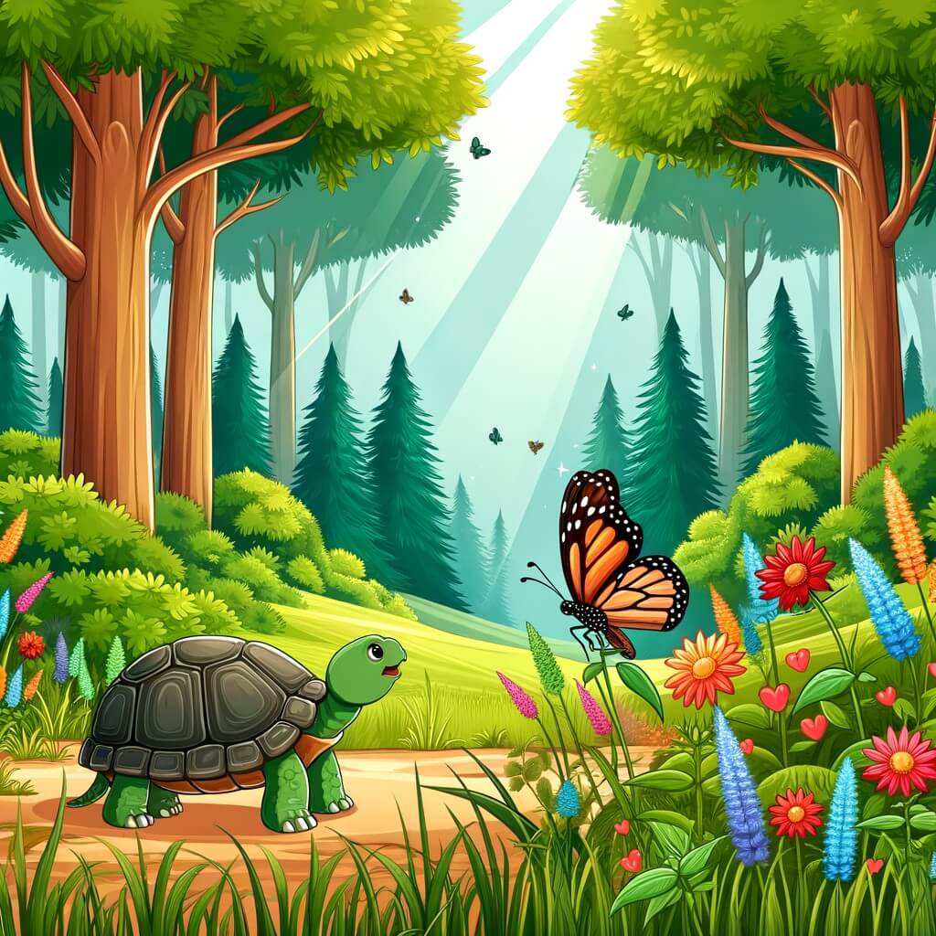 Une illustration destinée aux enfants représentant une tortue solitaire qui rencontre un papillon bavard dans une magnifique forêt luxuriante pleine de grands arbres verts, d'herbes hautes et de fleurs colorées.