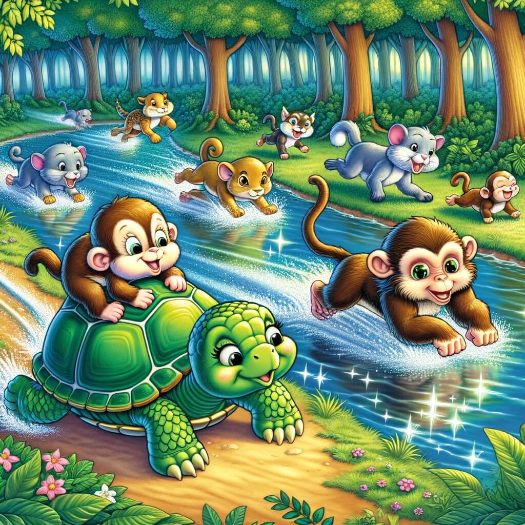 Une illustration pour enfants représentant une tortue timide et solitaire, née au cœur d'une forêt, qui cherche à se faire des amis avec d'autres animaux.