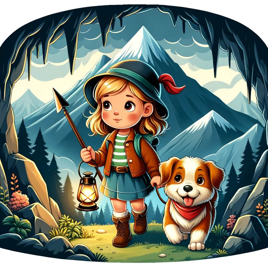 Une illustration destinée aux enfants représentant une petite fille courageuse se lançant dans une aventure périlleuse à la recherche d'un trésor caché, accompagnée d'un adorable chien loyal, dans une montagne majestueuse avec une grotte sombre et mystérieuse.