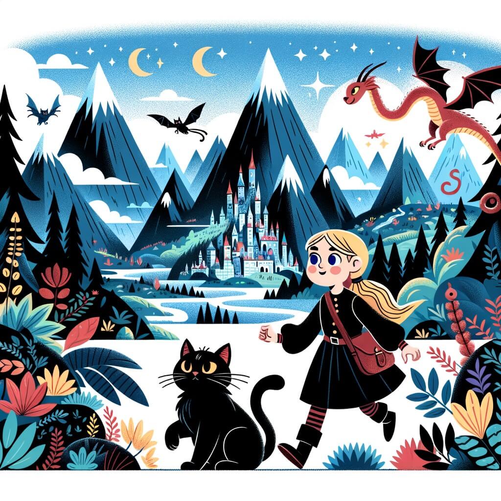Une illustration pour enfants représentant une petite fille curieuse et aventurière qui découvre un livre magique dans une forêt entourée de montagnes.
