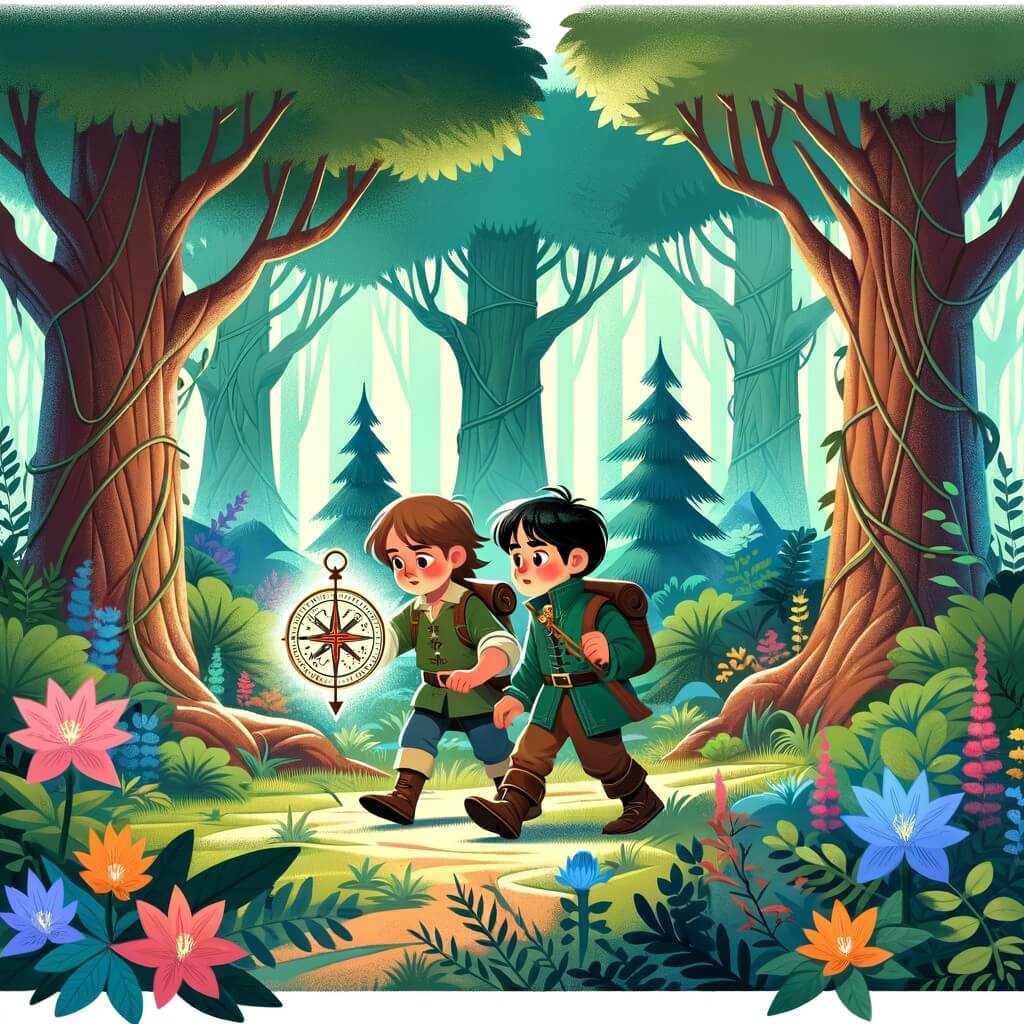 Une illustration destinée aux enfants représentant un petit garçon intrépide, accompagné d'un ami fidèle, découvrant une boussole magique dans une forêt dense et mystérieuse, entourée de grands arbres majestueux et de fleurs colorées.