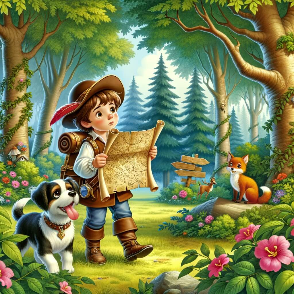 Une illustration destinée aux enfants représentant un jeune explorateur intrépide, découvrant une carte mystérieuse, accompagné de son fidèle chien, dans une forêt enchantée, où les arbres sont si grands qu'ils semblent toucher le ciel et les animaux curieux observent depuis les buissons fleuris.