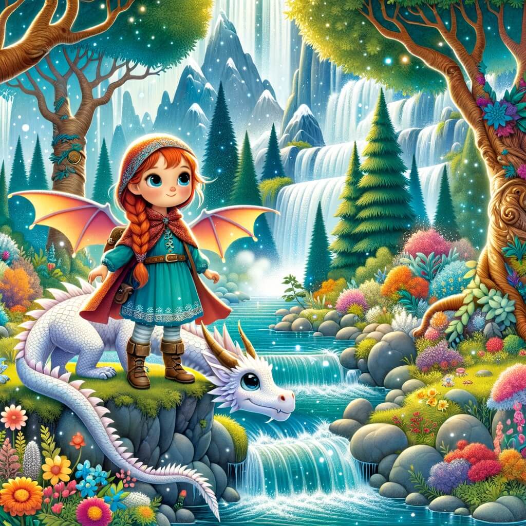 Une illustration destinée aux enfants représentant une petite fille intrépide se tenant au bord d'une cascade étincelante, accompagnée d'un dragon protecteur, dans une forêt enchantée remplie de fleurs colorées et d'arbres majestueux.