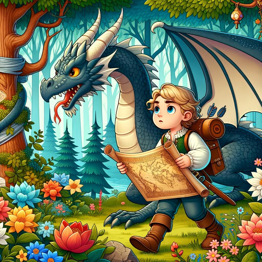 Une illustration destinée aux enfants représentant un petit garçon intrépide, découvrant une carte mystérieuse, accompagné d'un dragon majestueux, dans une forêt enchantée parsemée de fleurs colorées et d'arbres géants.