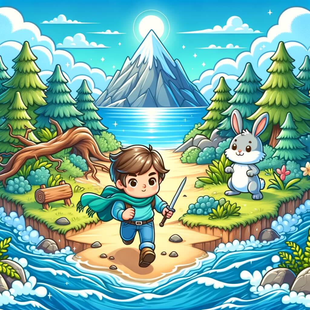 Une illustration destinée aux enfants représentant un petit garçon intrépide se lançant dans une quête magique accompagné d'un lapin parlant, à travers une forêt dense et des rivières tumultueuses, pour atteindre une île isolée entourée d'un océan bleu cristallin et une montagne majestueuse au sommet scintillant sous le soleil.