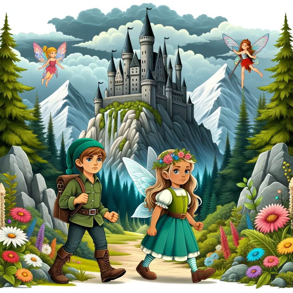 Une illustration pour enfants représentant une petite fille courageuse qui part à l'aventure dans une forêt enchantée située au pied d'une montagne.