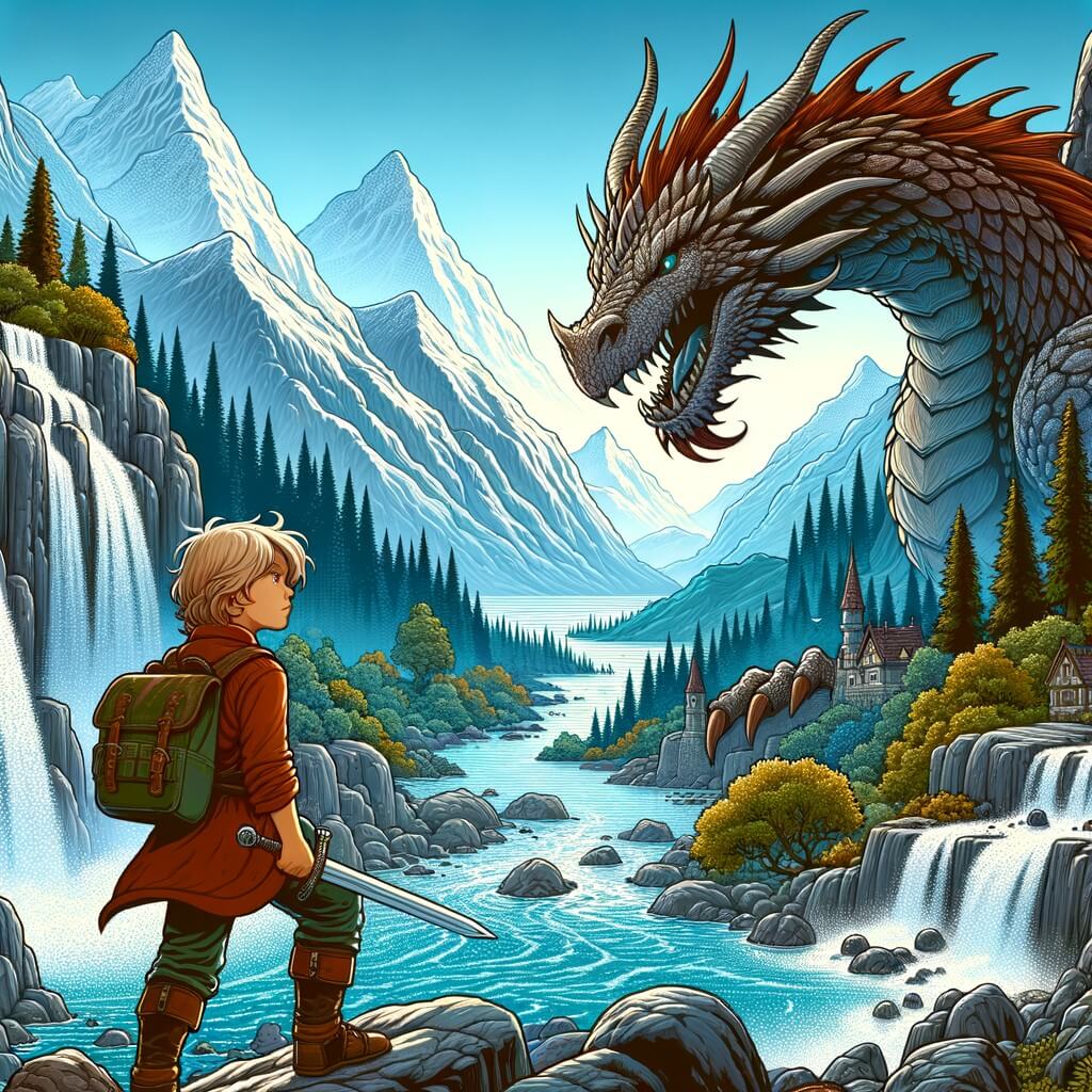 Une illustration destinée aux enfants représentant un jeune aventurier intrépide se trouvant face à un dragon colossal dans une vallée enchantée remplie de cascades scintillantes et de montagnes majestueuses.