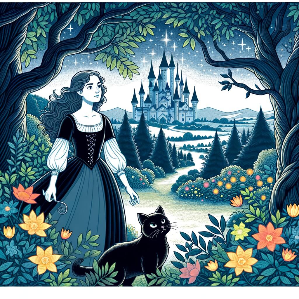 Une illustration destinée aux enfants représentant une jeune femme intrépide, au cœur vaillant, se trouvant dans une forêt enchantée où les arbres semblent danser et les fleurs briller de mille couleurs, accompagnée d'un chat malin à la fourrure noire comme la nuit, dans le royaume lointain d'un château majestueux.
