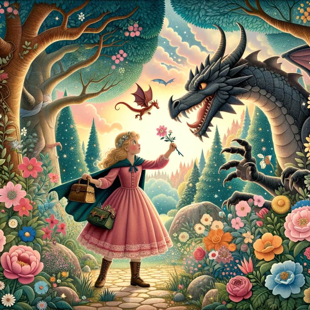 Une illustration destinée aux enfants représentant une jeune femme courageuse, vêtue d'une robe rose et tenant un sac magique, affrontant un dragon féroce dans une forêt enchantée remplie de fleurs colorées et d'arbres majestueux.