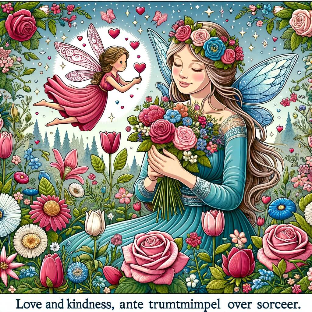 Une illustration pour enfants représentant une femme au cœur fleuri, vivant dans une petite maison au milieu d'un jardin enchanté, où des fleurs magiques poussent et éclairent de bonheur tous ceux qui les entourent.