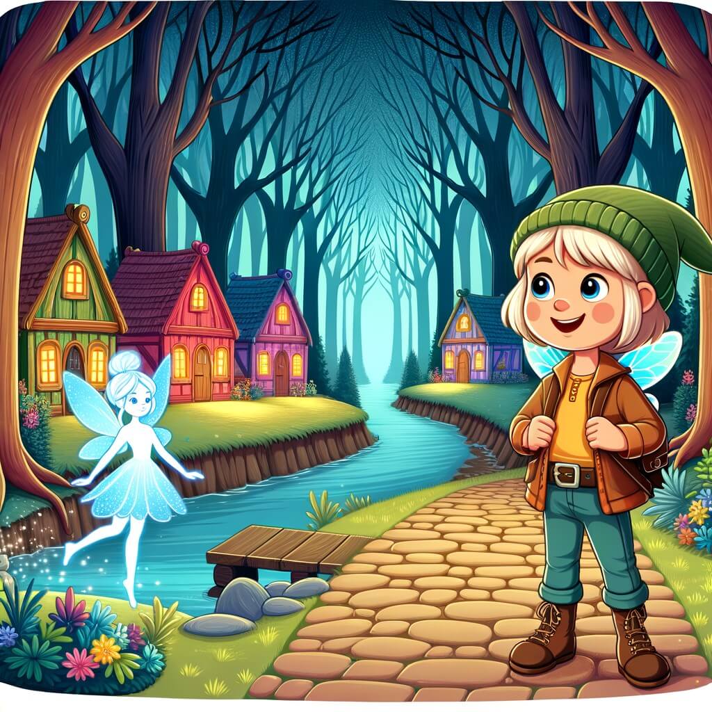 Une illustration pour enfants représentant une jeune femme courageuse se tenant devant une mystérieuse fleur magique, dans un village enchanteur au bord de la forêt.