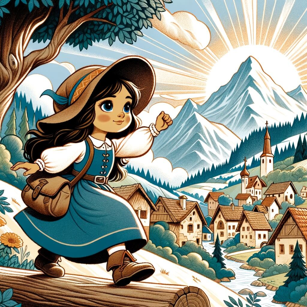Une illustration pour enfants représentant une jeune femme courageuse, plongée dans une aventure enchantée, se déroulant dans un village au pied d'une montagne.