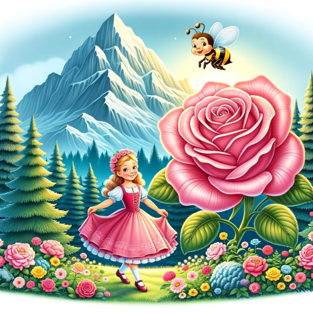 Une illustration destinée aux enfants représentant une jeune femme au sourire radieux, à la robe virevoltante, se tenant devant une rose géante, accompagnée d'une abeille joyeuse, au sommet d'une montagne majestueuse entourée d'une forêt luxuriante aux arbres touffus et aux fleurs chatoyantes.
