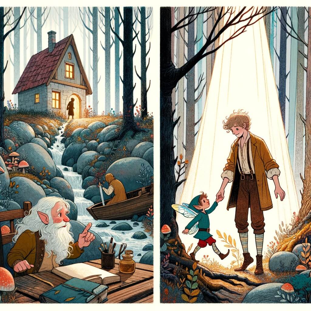 Une illustration destinée aux enfants représentant un homme solitaire, vivant dans une petite maison en lisière d'une forêt enchantée, qui fait la rencontre d'un adorable lutin blessé, et découvre ainsi le pouvoir de l'amitié et du partage.