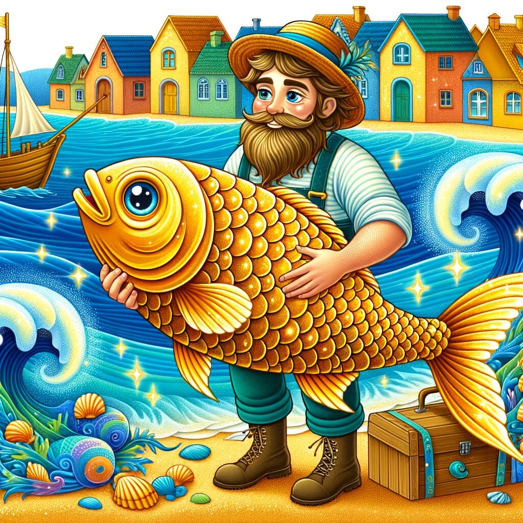 Une illustration pour enfants représentant un pêcheur chanceux, qui attrape un poisson magique, dans un petit village au bord de la mer.