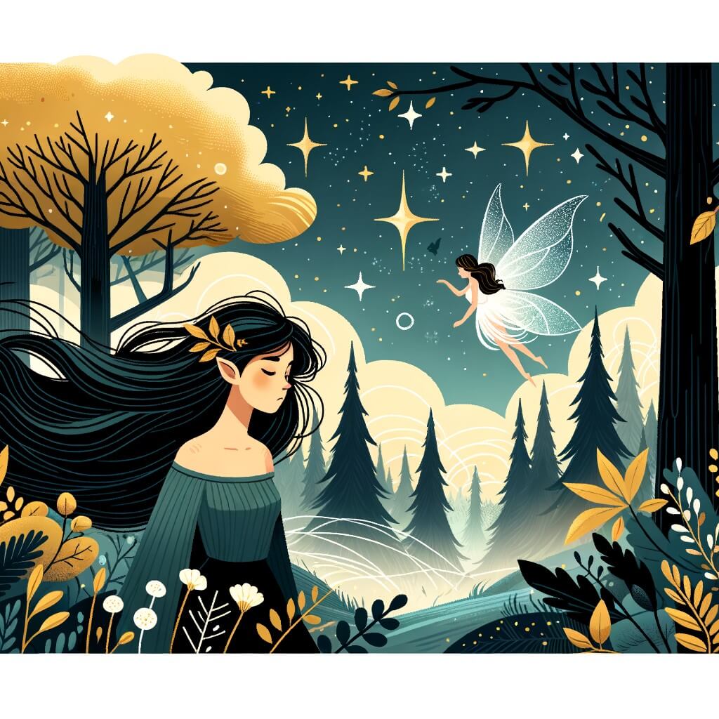 Une illustration pour enfants représentant une jeune femme perdue dans une forêt mystérieuse où elle rencontre une fée et reçoit une bague en argent qui la guidera dans sa quête d'amour.