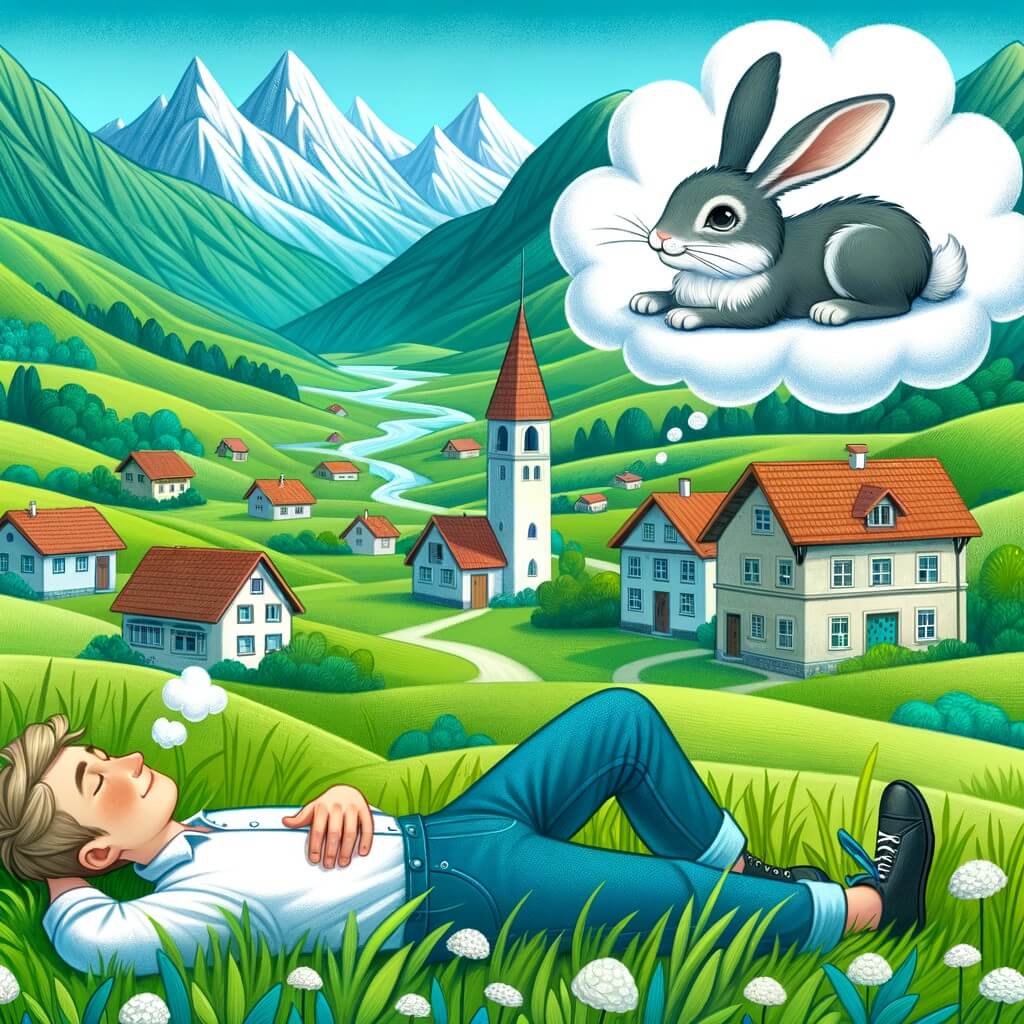 Une illustration destinée aux enfants représentant un homme rêveur, allongé dans l'herbe, observant un nuage en forme de lapin qui se pose sur son épaule, dans un petit village niché au cœur d'une vallée verdoyante entourée de montagnes majestueuses.