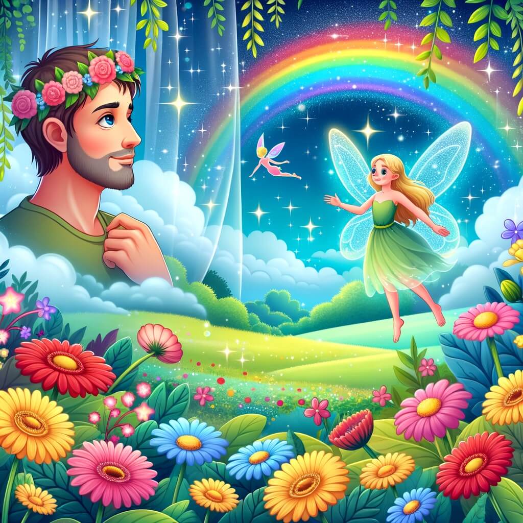 Une illustration destinée aux enfants représentant un homme rêveur, plongé dans un monde enchanté, accompagné d'une fée étincelante, dans une vallée verdoyante où des fleurs aux couleurs éclatantes dansent sous un ciel illuminé d'arcs-en-ciel.