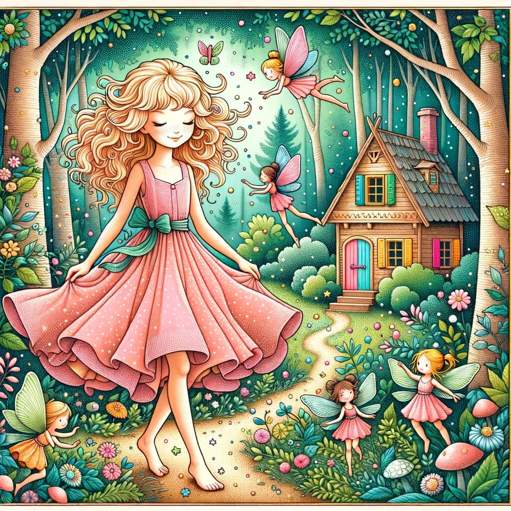 Une illustration pour enfants représentant une jeune femme souriante vivant dans une petite maison au bord de la forêt, qui va faire la rencontre d'une fée blessée.