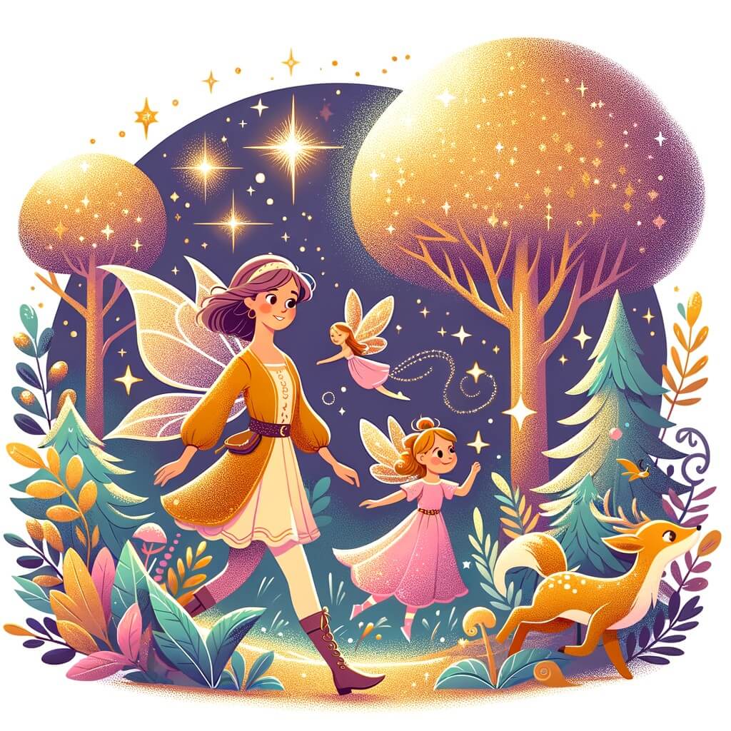 Une illustration pour enfants représentant une femme intrépide découvrant une forêt magique remplie de créatures fantastiques.