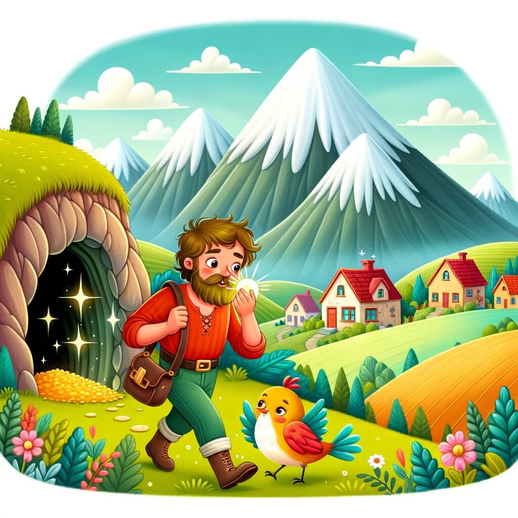 Une illustration pour enfants représentant un homme rêvant de devenir riche, qui se lance dans une aventure périlleuse pour trouver un trésor caché dans une grotte mystérieuse au sommet d'une montagne.