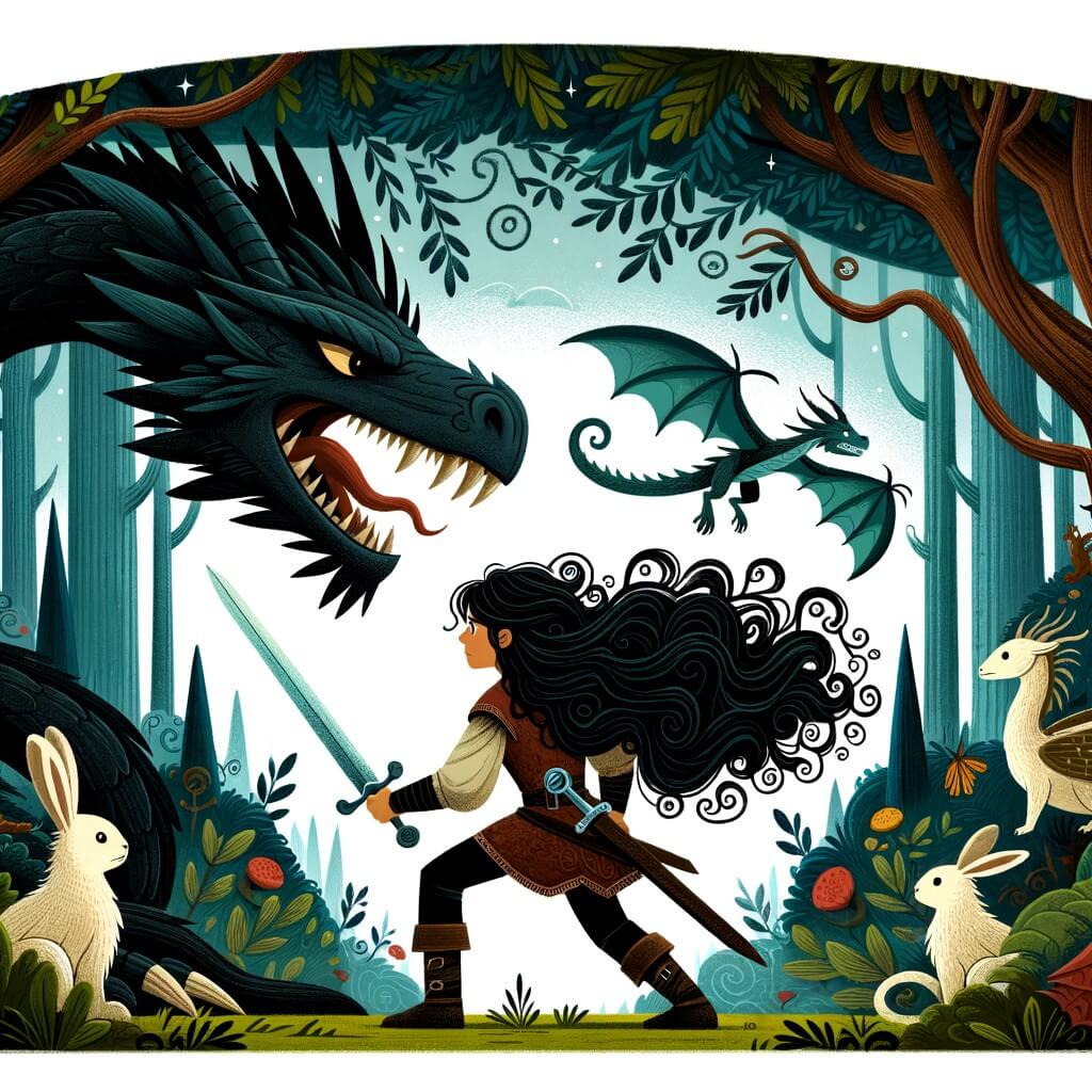 Une illustration destinée aux enfants représentant une femme courageuse aux cheveux noirs comme la nuit, affrontant un dragon féroce dans une forêt enchantée, accompagnée de créatures magiques.