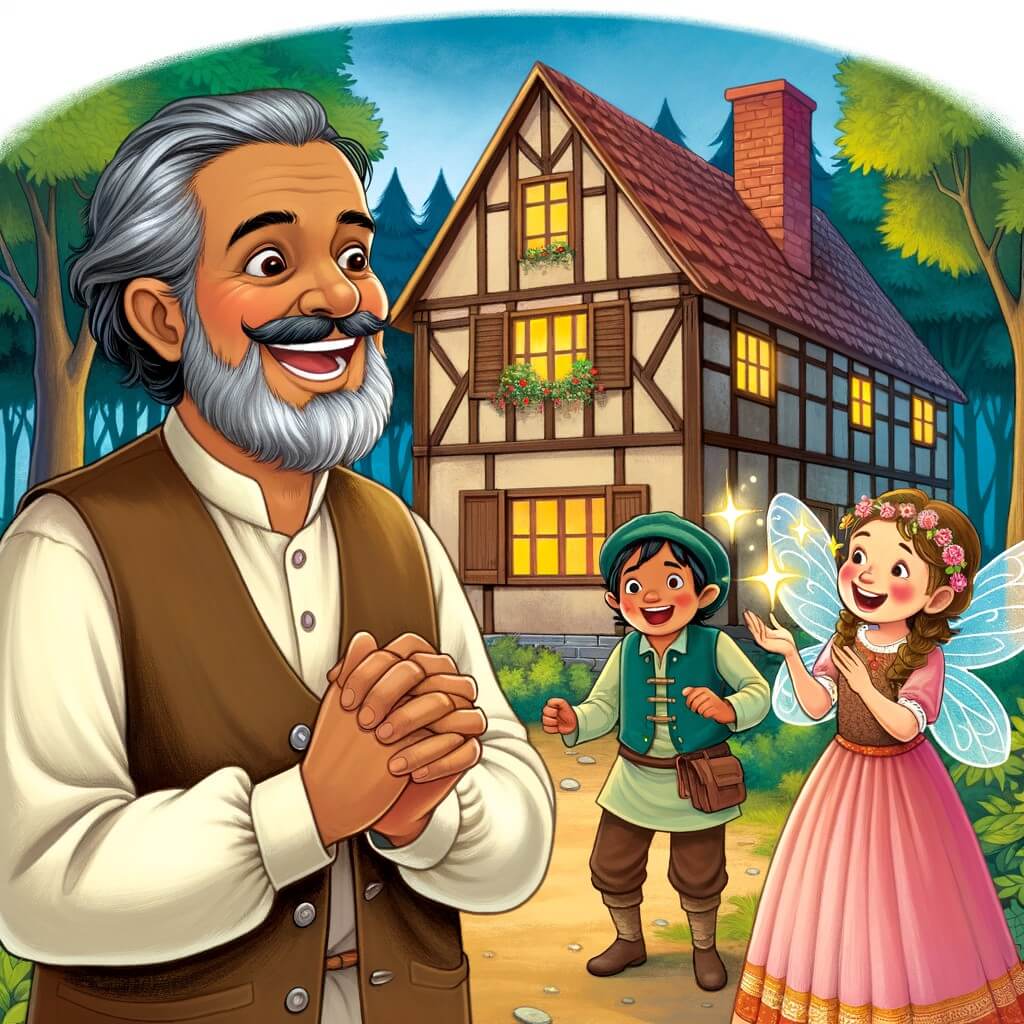 Une illustration pour enfants représentant un homme souriant, vivant dans une petite maison au bord de la forêt, où il rencontre une fée de la fortune et se voit accorder trois souhaits magiques.