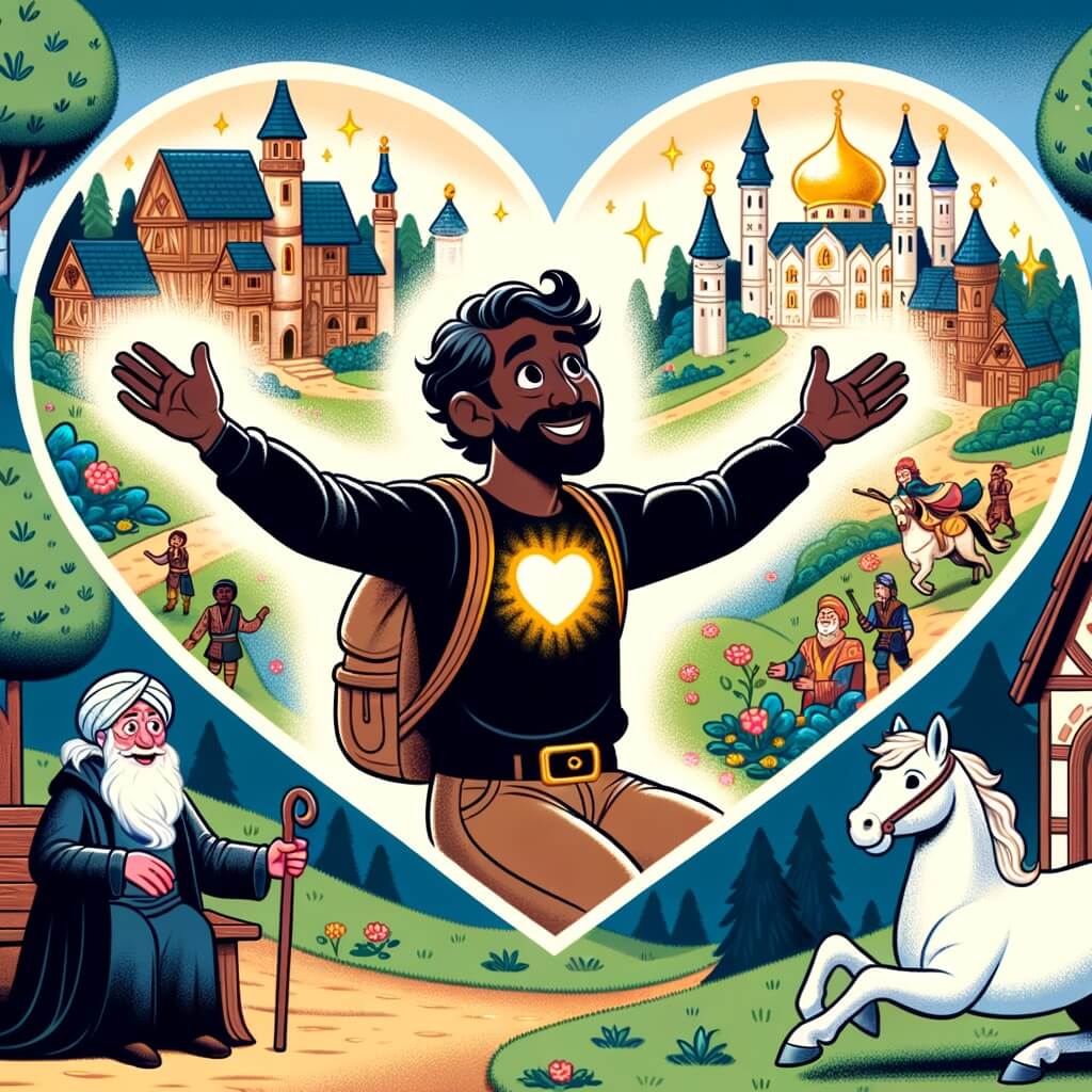 Une illustration pour enfants représentant un homme au cœur d'or qui vit une aventure extraordinaire dans un village enchanté.