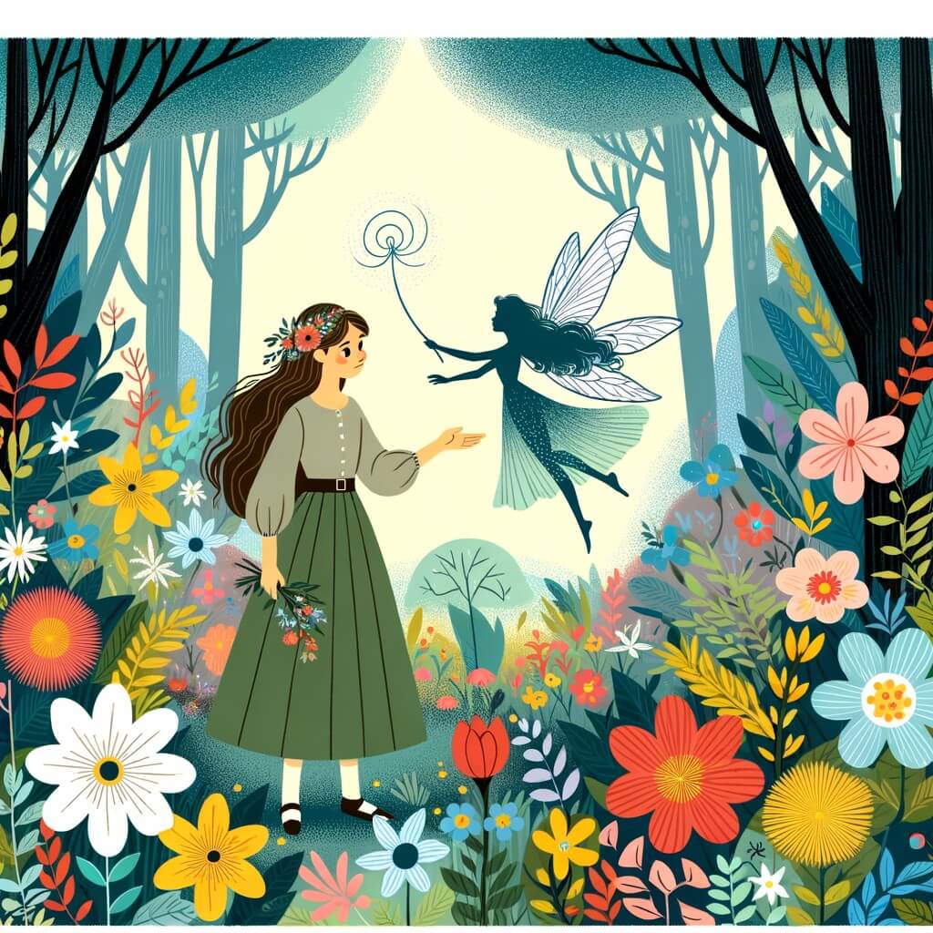 Une illustration destinée aux enfants représentant une jeune femme courageuse et solitaire, se trouvant dans une forêt enchantée remplie de fleurs multicolores, avec une fée virevoltante à ses côtés, prête à l'accompagner dans une quête magique.