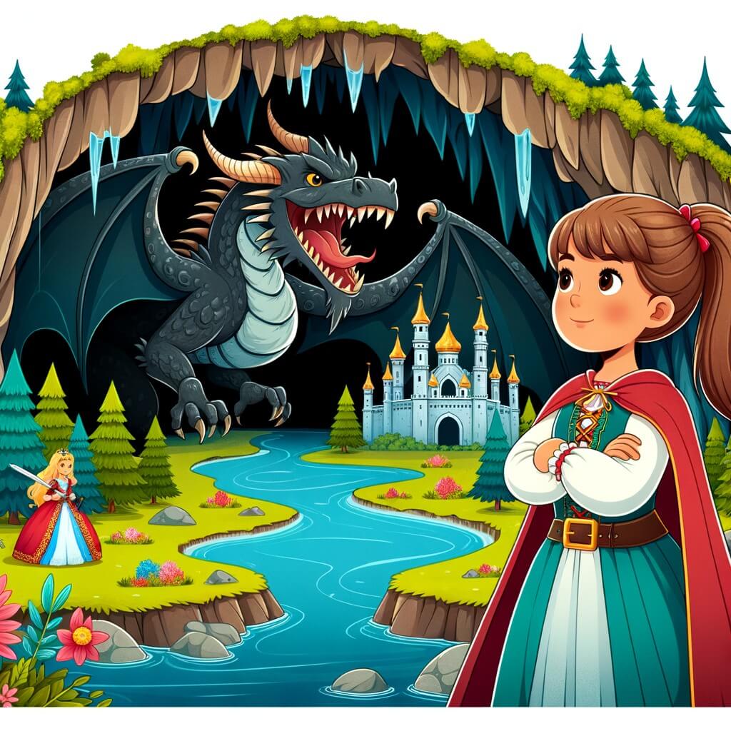 Une illustration destinée aux enfants représentant une jeune femme courageuse et sage, se tenant devant une imposante grotte sombre où un dragon féroce a enlevé une princesse, tandis qu'une rivière cristalline serpente à travers une forêt enchantée.