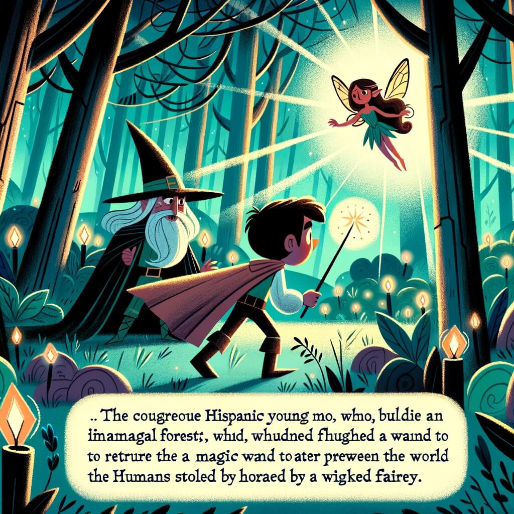 Une illustration destinée aux enfants représentant un jeune homme intrépide qui, dans une forêt enchantée baignée de lumières magiques, rencontre une fée blessée et s'engage dans une quête périlleuse pour retrouver la baguette magique volée par un méchant sorcier, afin de préserver l'équilibre entre le monde des humains et celui des fées.